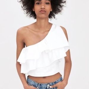 Zara Green One Shoulder Ruffle Ruched Crop Top iuu.org.tr